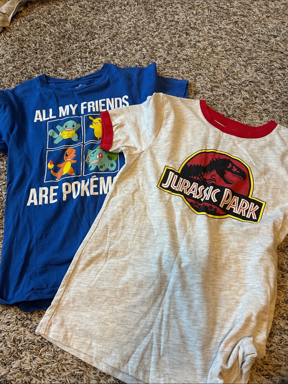 Kids pokemon and Jurassic park Tees - Gray with Red Trim